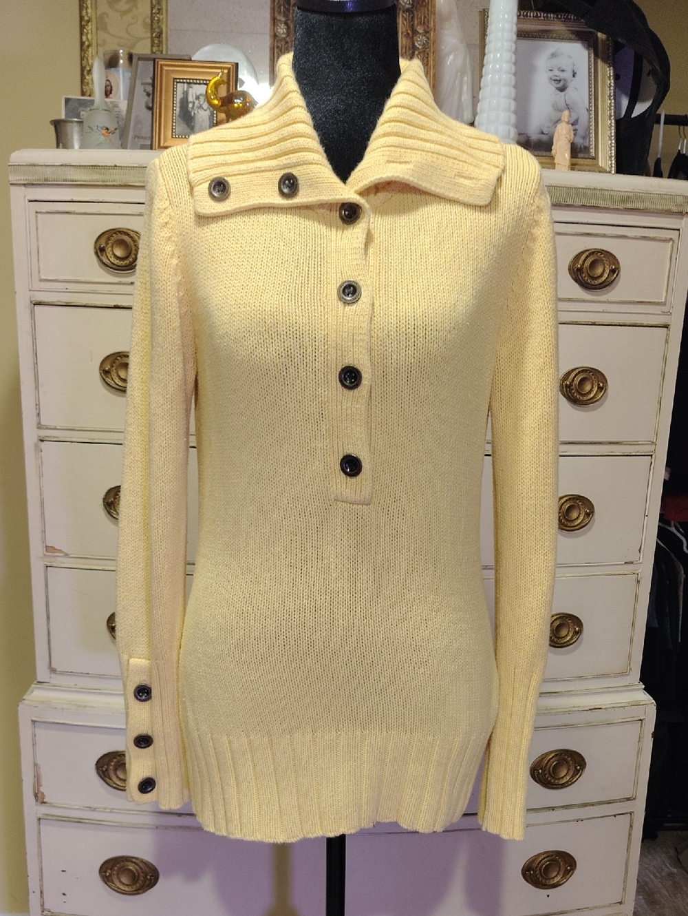 Ruff Hewn Pale Yellow Ribbed Collar Button-Front Turtleneck Sweater
